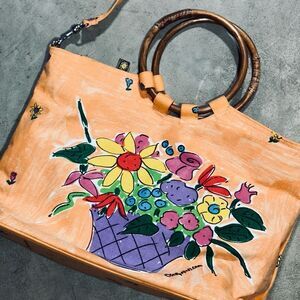 Sally Huss hand painted flowered bag bamboo handles